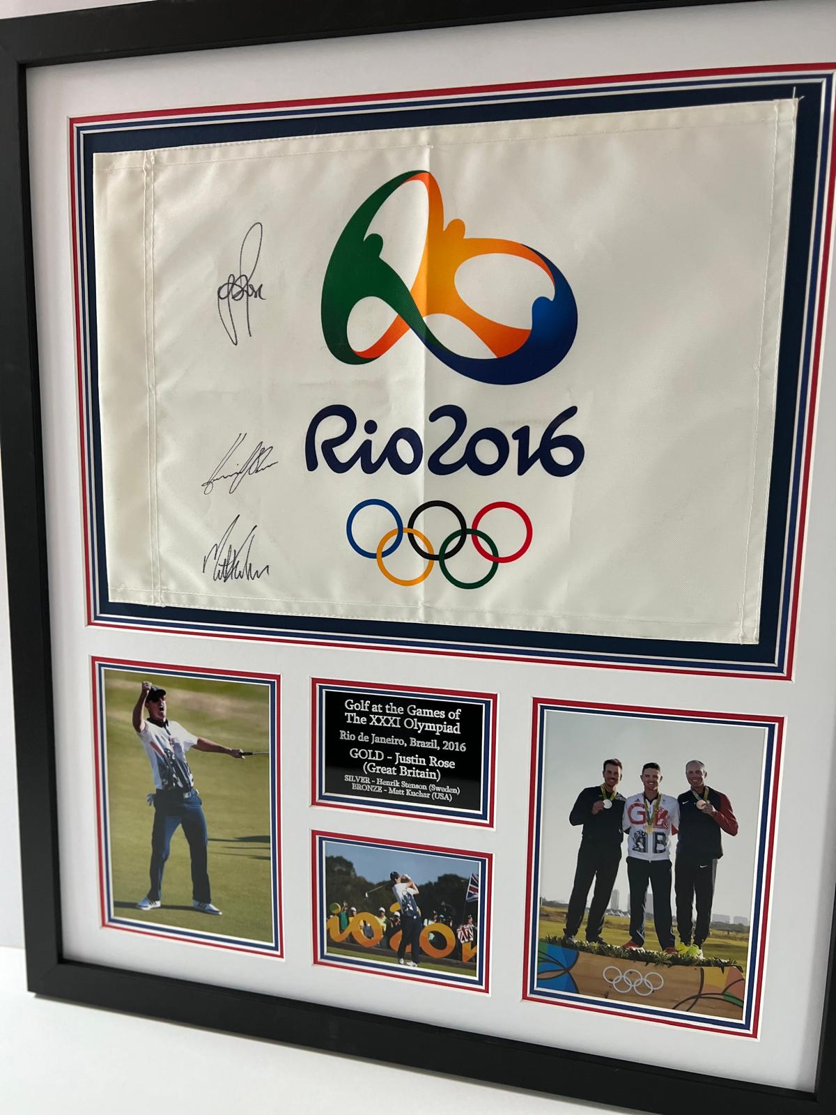 Justin Rose, Henrik Stenson, Matt Kuchar Signed 2016 Rio Olympics Golf Flag Display + COA