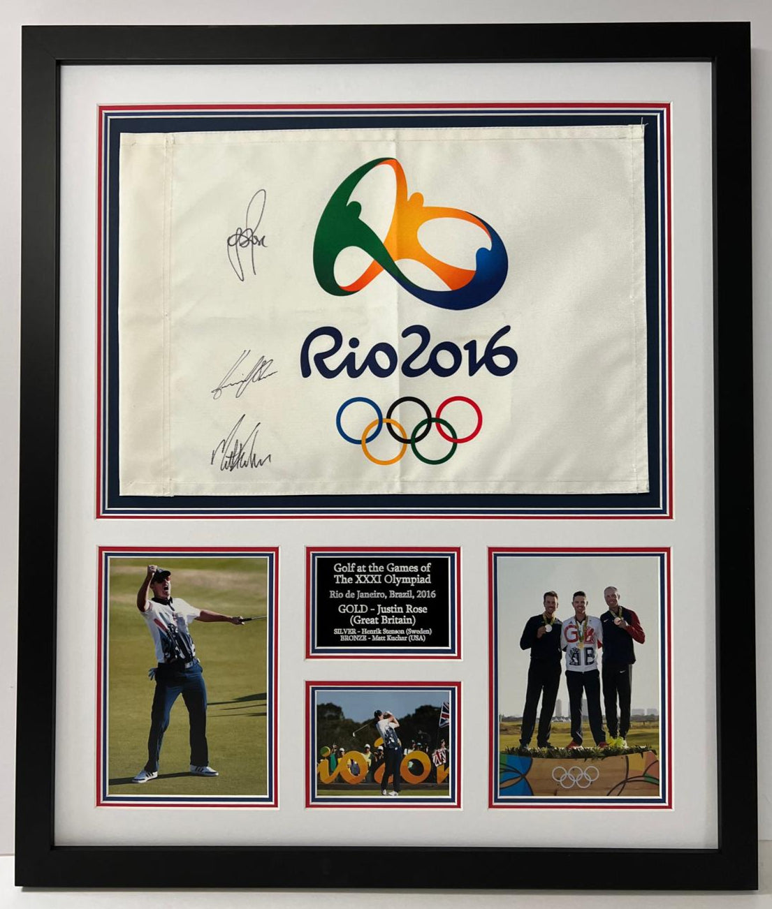 Justin Rose, Henrik Stenson, Matt Kuchar Signed 2016 Rio Olympics Golf Flag Display + COA