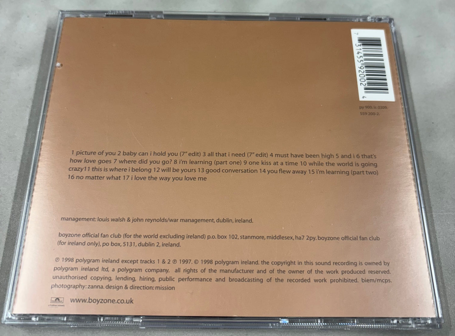 Ronan Keating 'Boyzone' Signed CD Cover 'Where We Belong' with COA