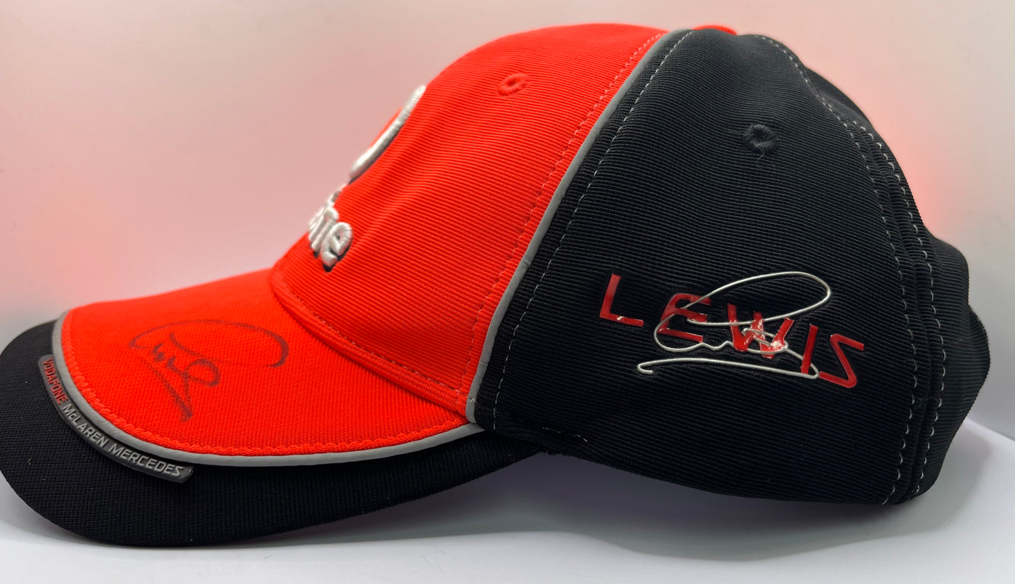 Lewis Hamilton & Jenson Button Signed Vodafone McLaren Mercedes Red & Black F1 Cap with COA