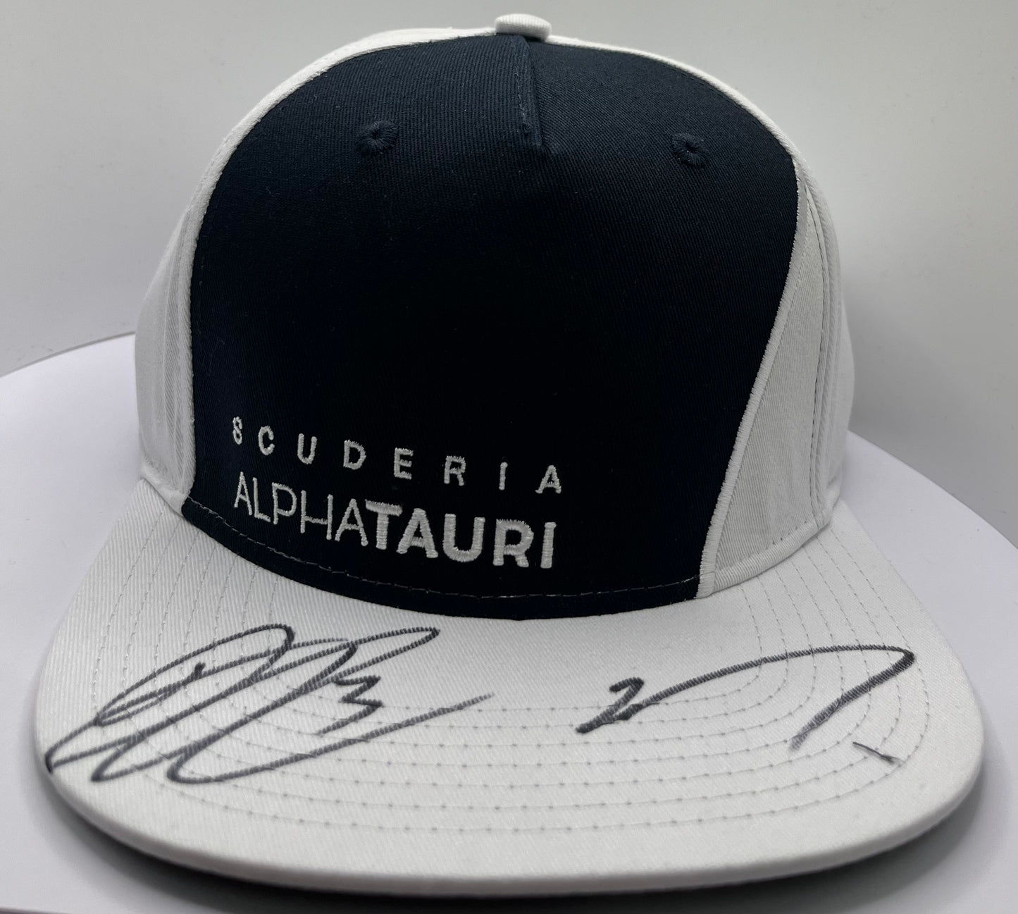Pierre Gasly & Daniel Ricciardo Signed Scuderia AlphaTauri Black & White Flat-Brim F1 Cap with COA