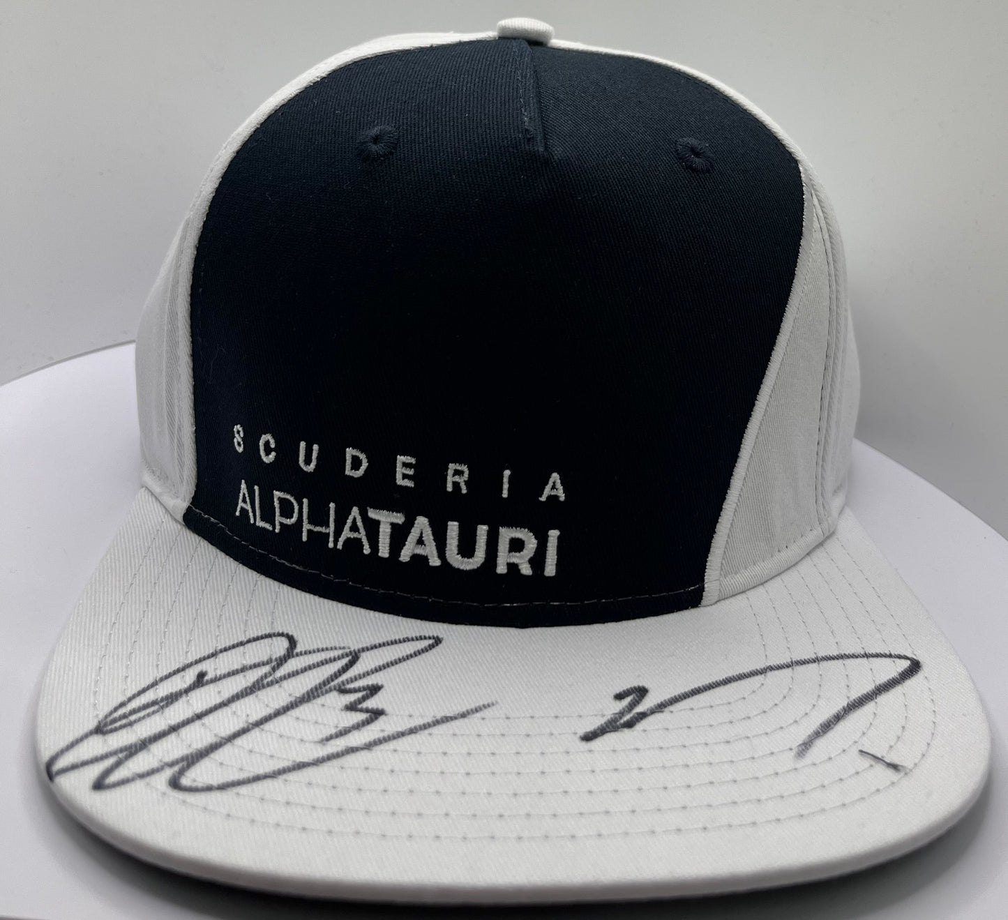 Pierre Gasly & Daniel Ricciardo Signed Scuderia AlphaTauri Black & White Flat-Brim F1 Cap with COA