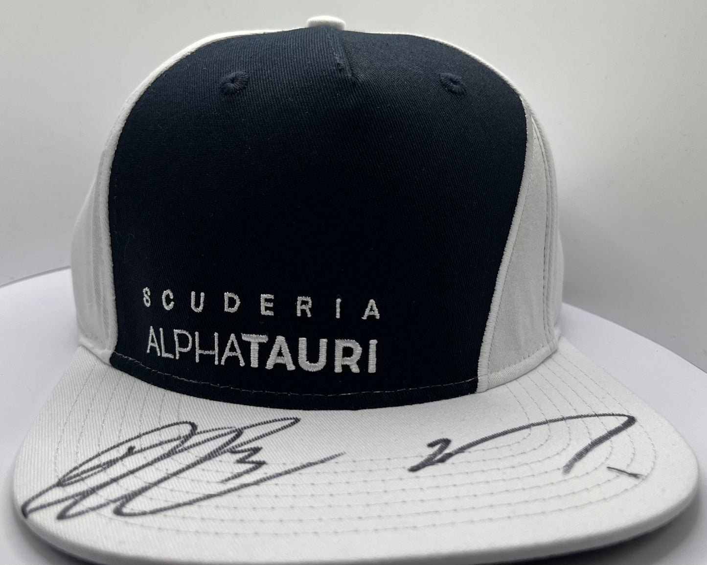 Pierre Gasly & Daniel Ricciardo Signed Scuderia AlphaTauri Black & White Flat-Brim F1 Cap with COA