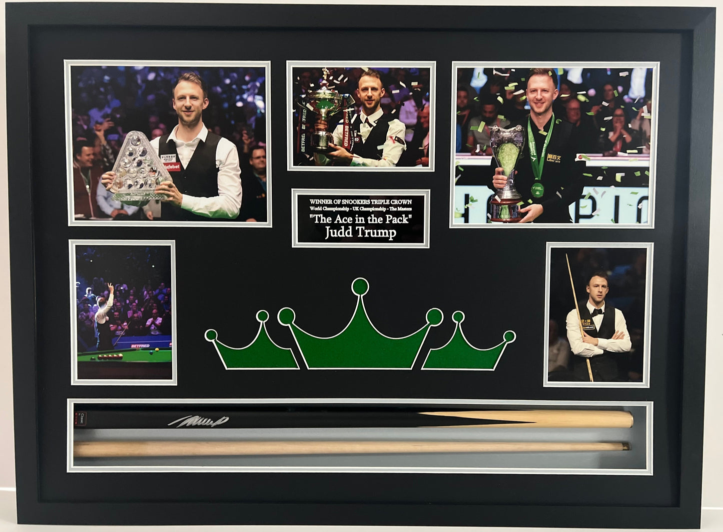 Judd Trump Five-Time Triple Crown Snooker Champion Framed Signed Snooker Cue & Photo Display + Cert