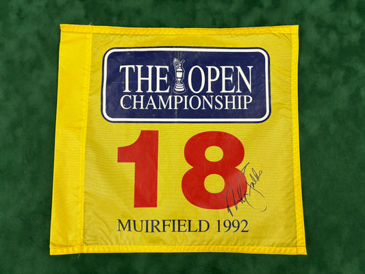 Sir Nick Faldo Winner Signed 1992 121st Open at Muirfield Square Golf Flag + Dealer COA