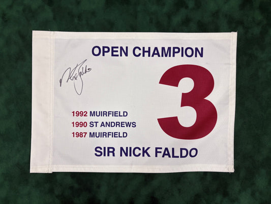 Sir Nick Faldo Signed Three-Time Open Champion White Golf Flag + Cert
