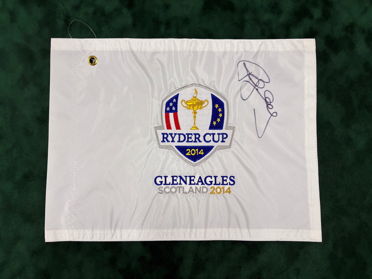 Paul McGinley Signed 2014 Ryder Cup at Gleneagles White Embroided Golf Flag + Dealer COA