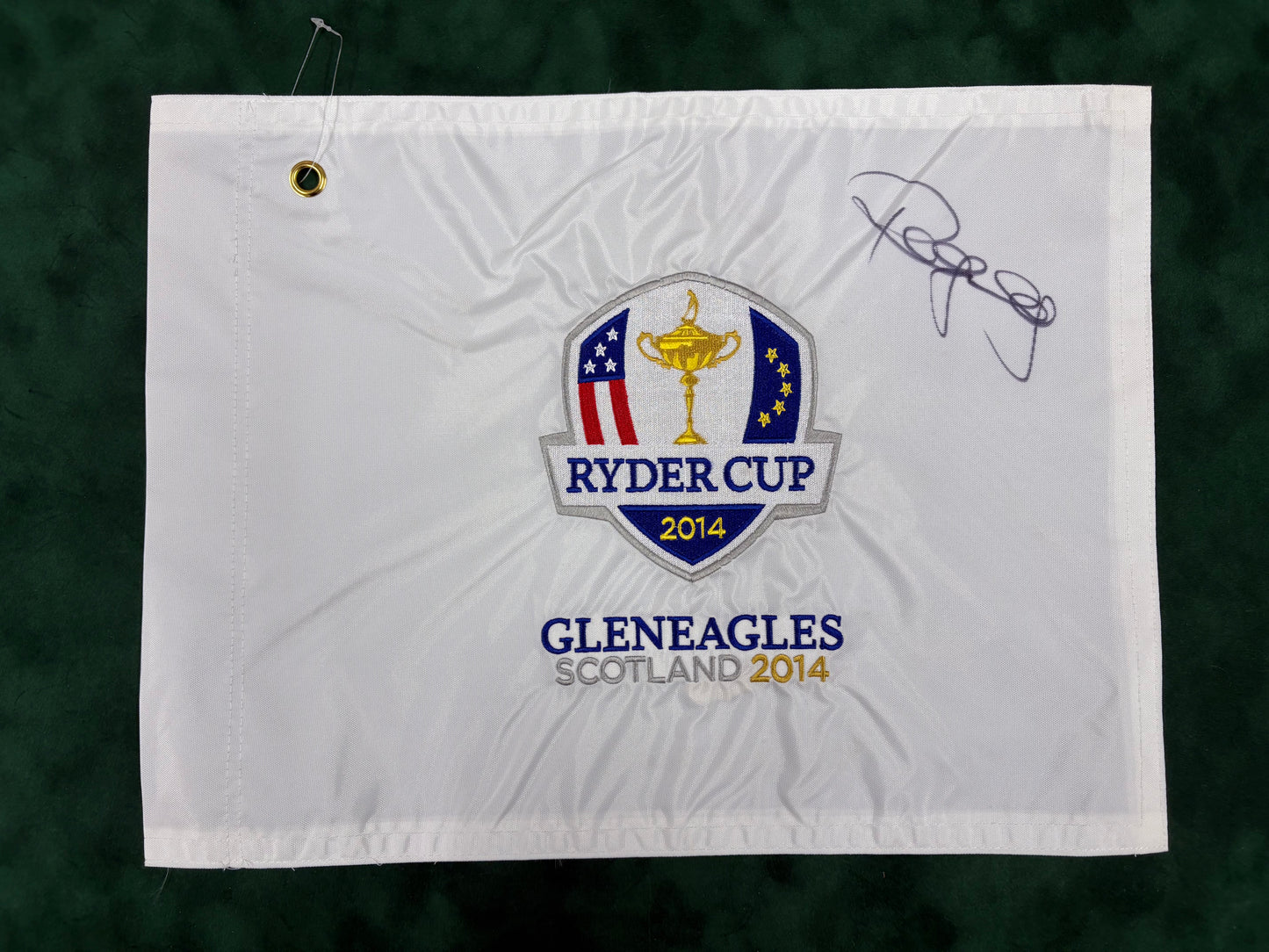 Paul McGinley Signed 2014 Ryder Cup at Gleneagles White Embroided Golf Flag + Dealer COA