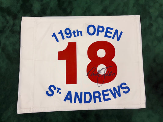 Sir Nick Faldo Signed White 119th Open at St Andrews Golf Flag + Dealer COA
