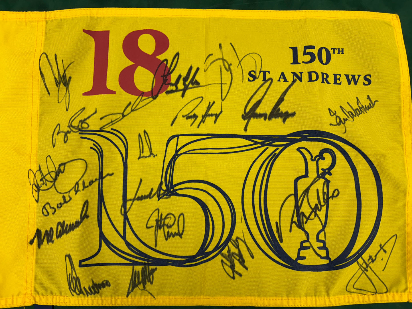 150th Open at St Andrews Golf Pin Flag Signed by 19 Champions Smith, Faldo + COA