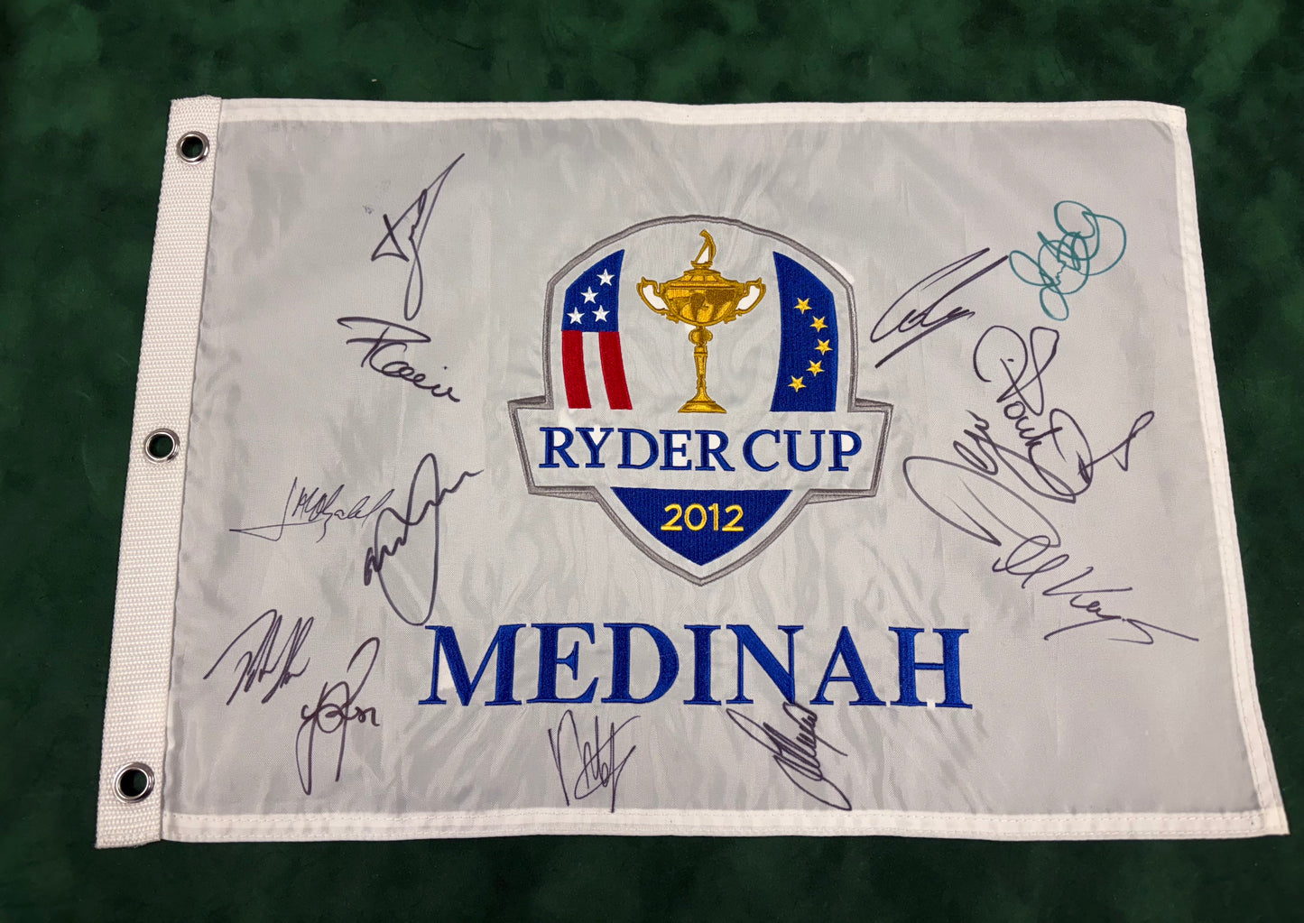 Team Europe Signed 2012 Ryder Cup at Medinah Golf Flag (Molinari, Poulter, McIlroy) + Cert