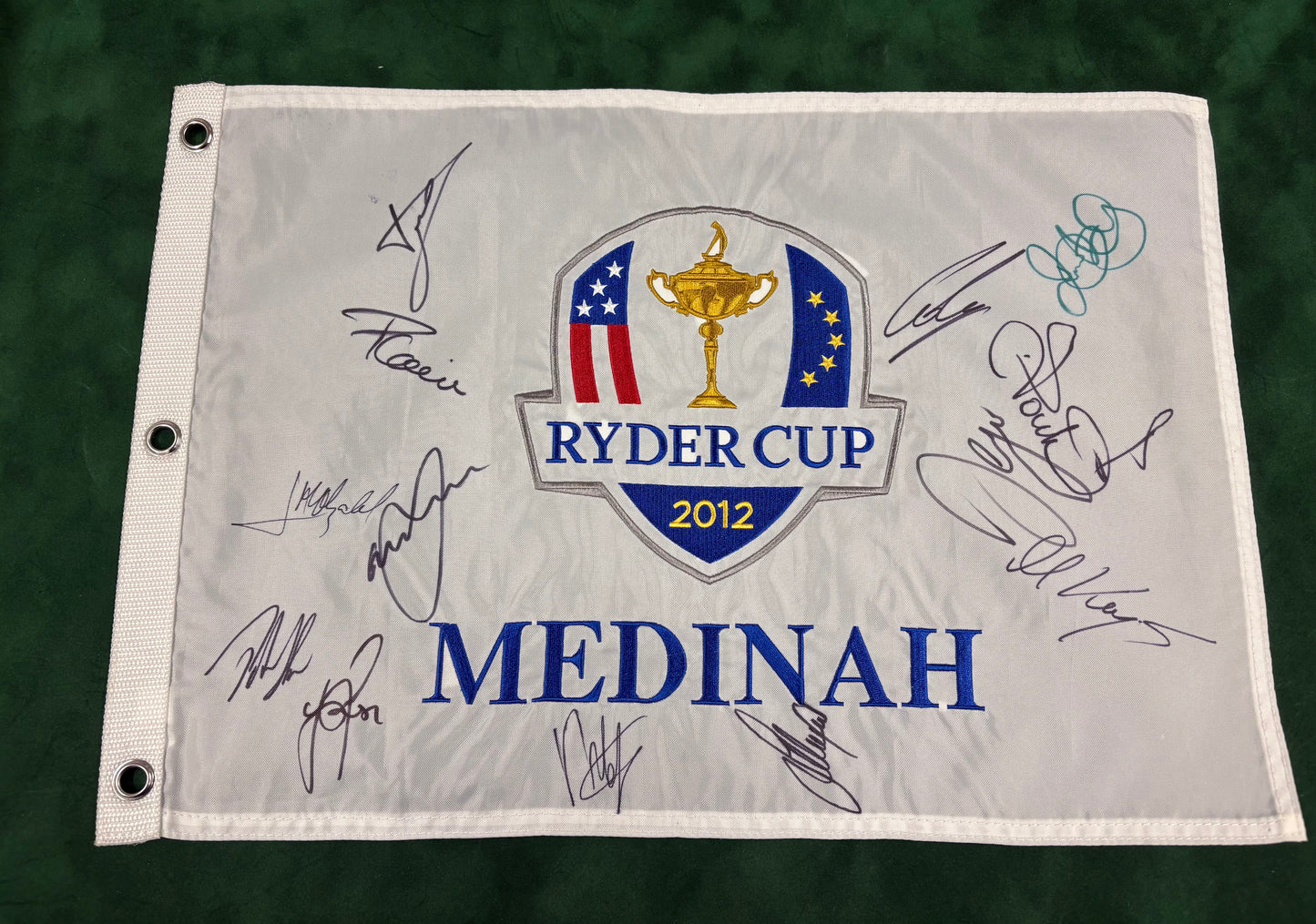 Team Europe Signed 2012 Ryder Cup at Medinah Golf Flag (Molinari, Poulter, McIlroy) + Cert