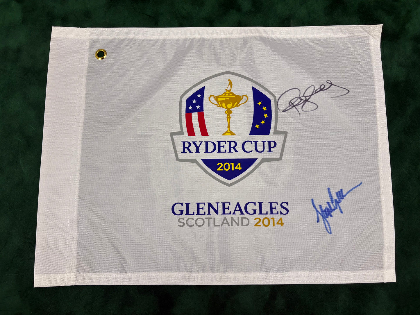 Paul McGinley (2014 Captain) & Stephen Gallacher Signed 2014 Ryder Cup at Gleneagles Golf Flag + Dealer COA