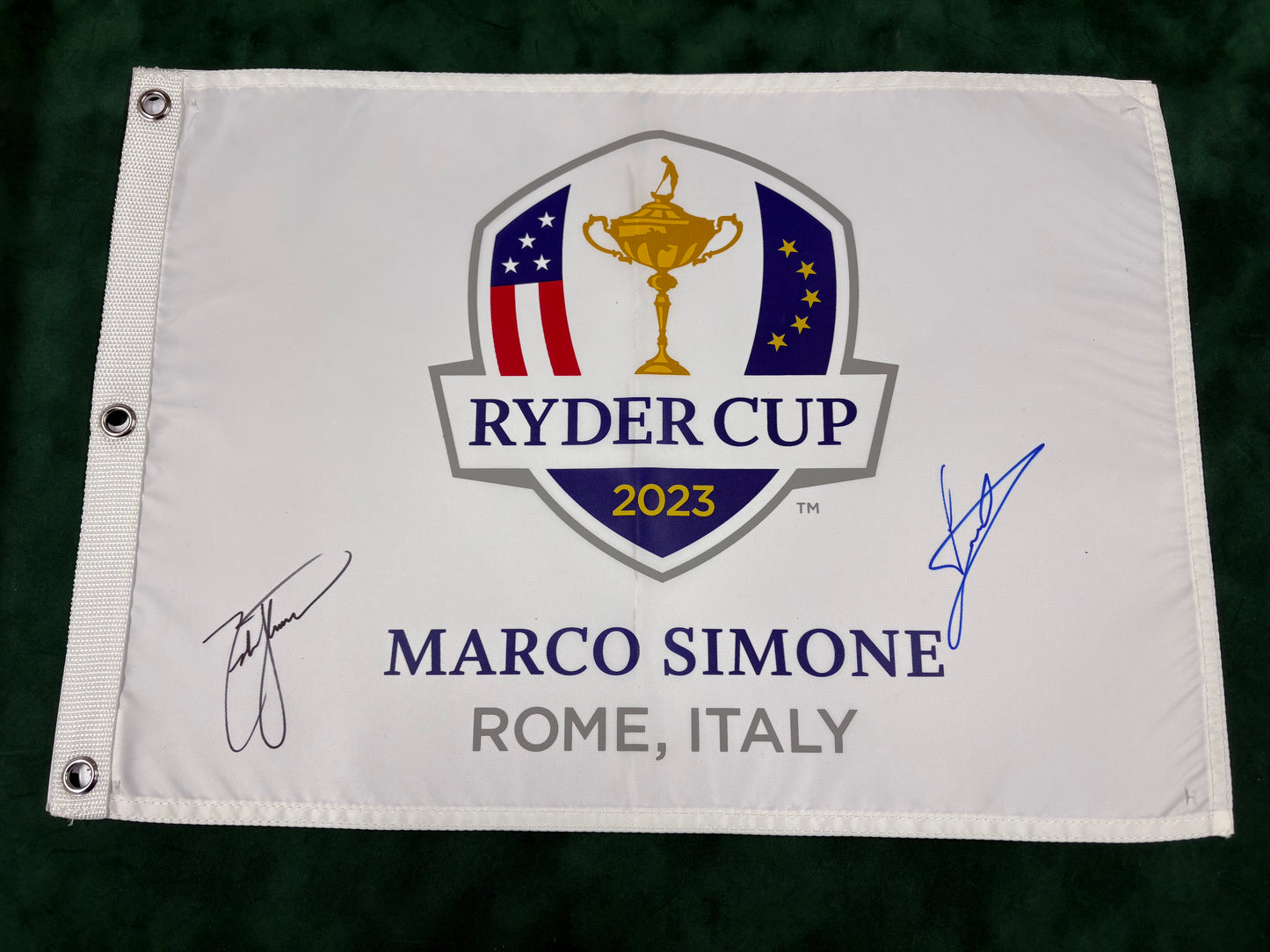 Luke Donald & Zach Johnson Captain's Signed 2023 Ryder Cup Golf Pin Flag + Cert