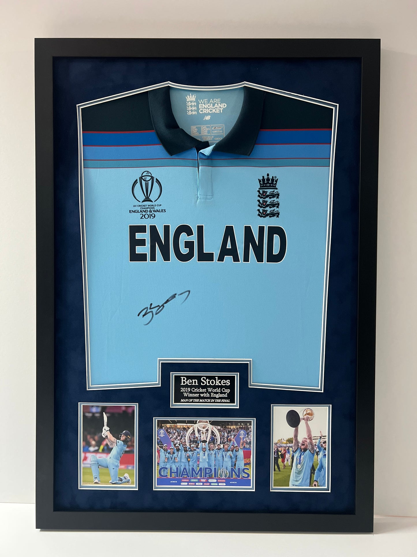 Ben Stokes England Cricket Legend-(Greatest All-Rounder) Signed & Framed 2019 World Cup Shirt + Cert