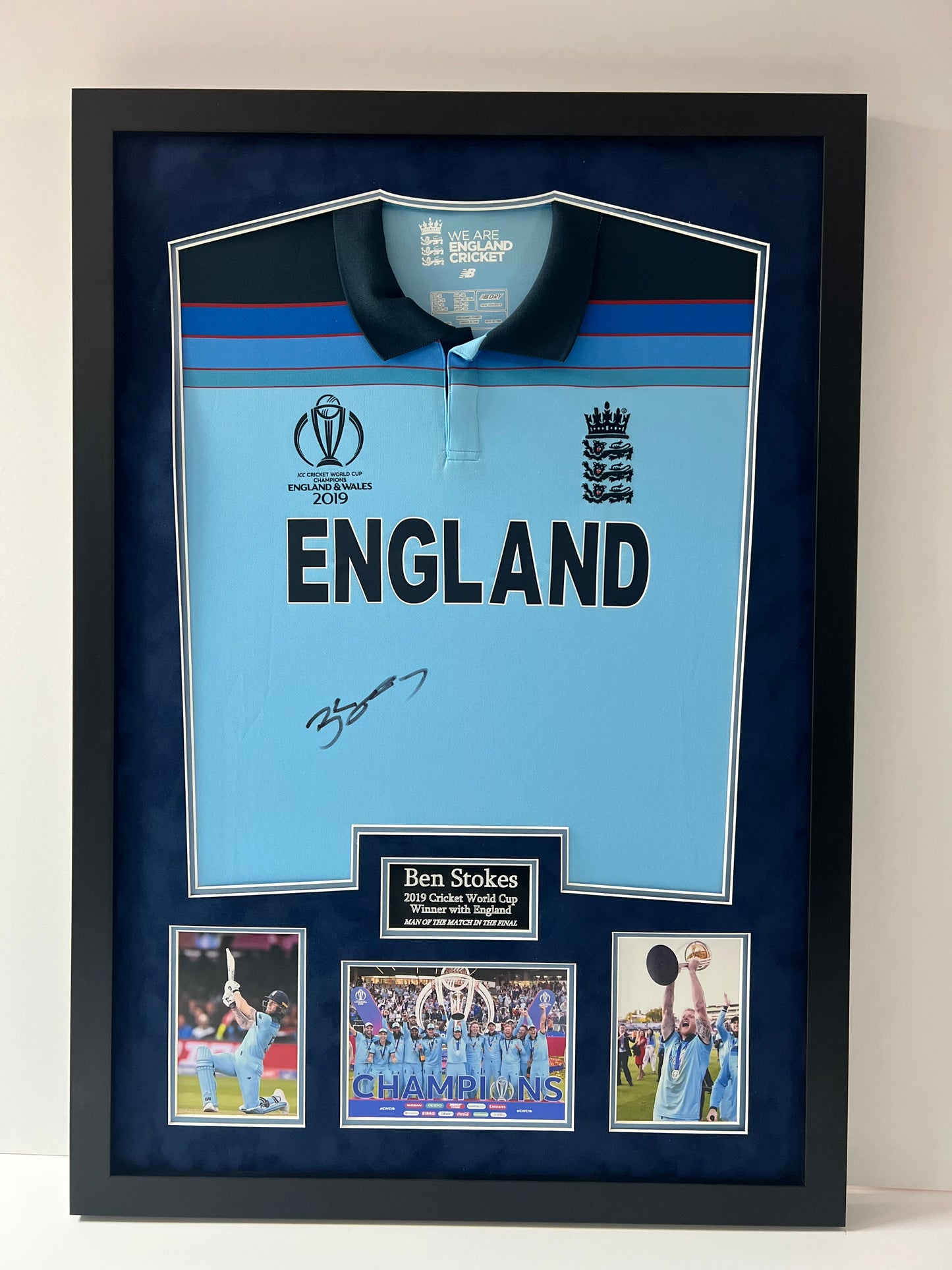 Ben Stokes England Cricket Legend-(Greatest All-Rounder) Signed & Framed 2019 World Cup Shirt + Cert