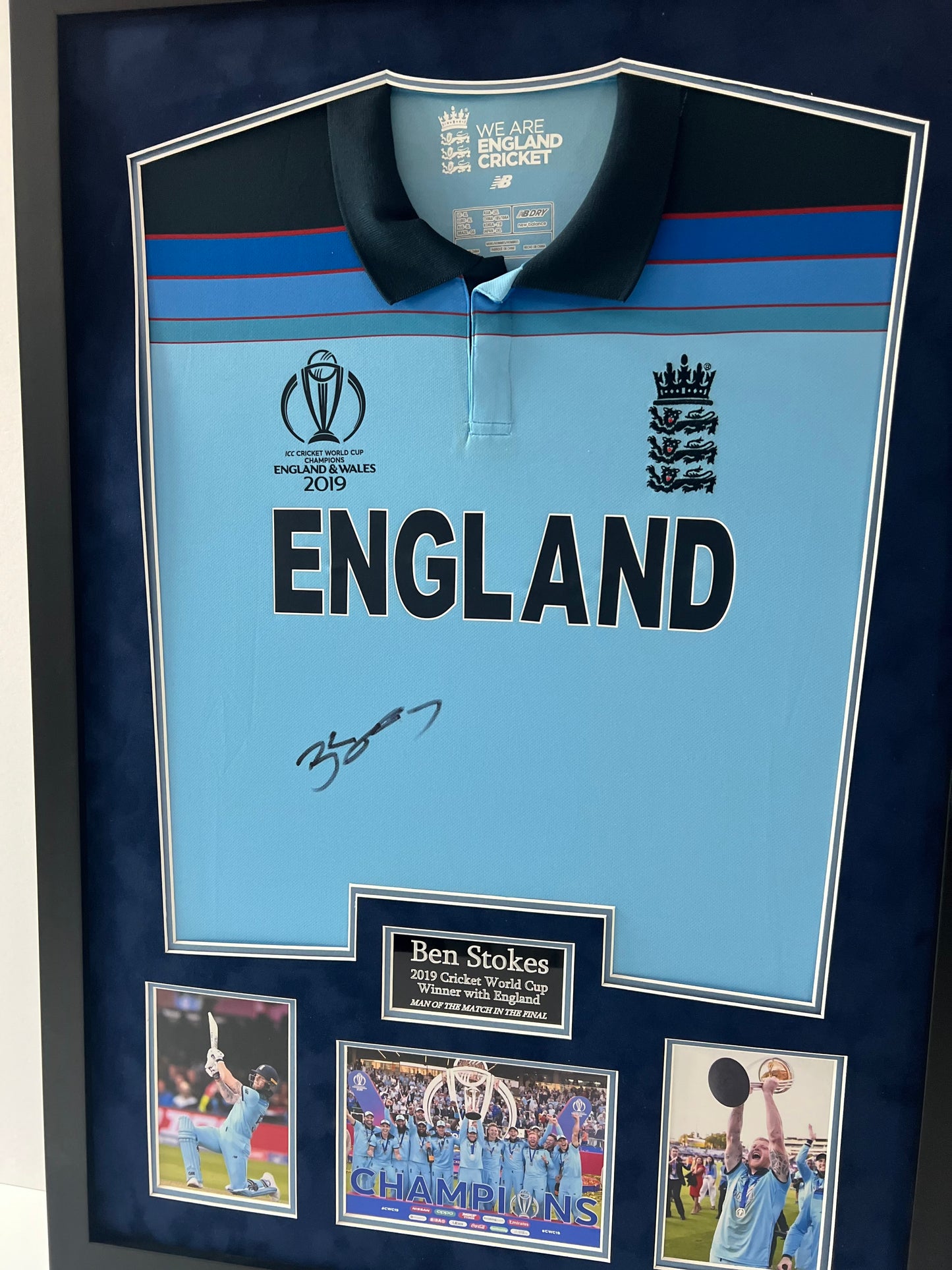 Ben Stokes England Cricket Legend-(Greatest All-Rounder) Signed & Framed 2019 World Cup Shirt + Cert