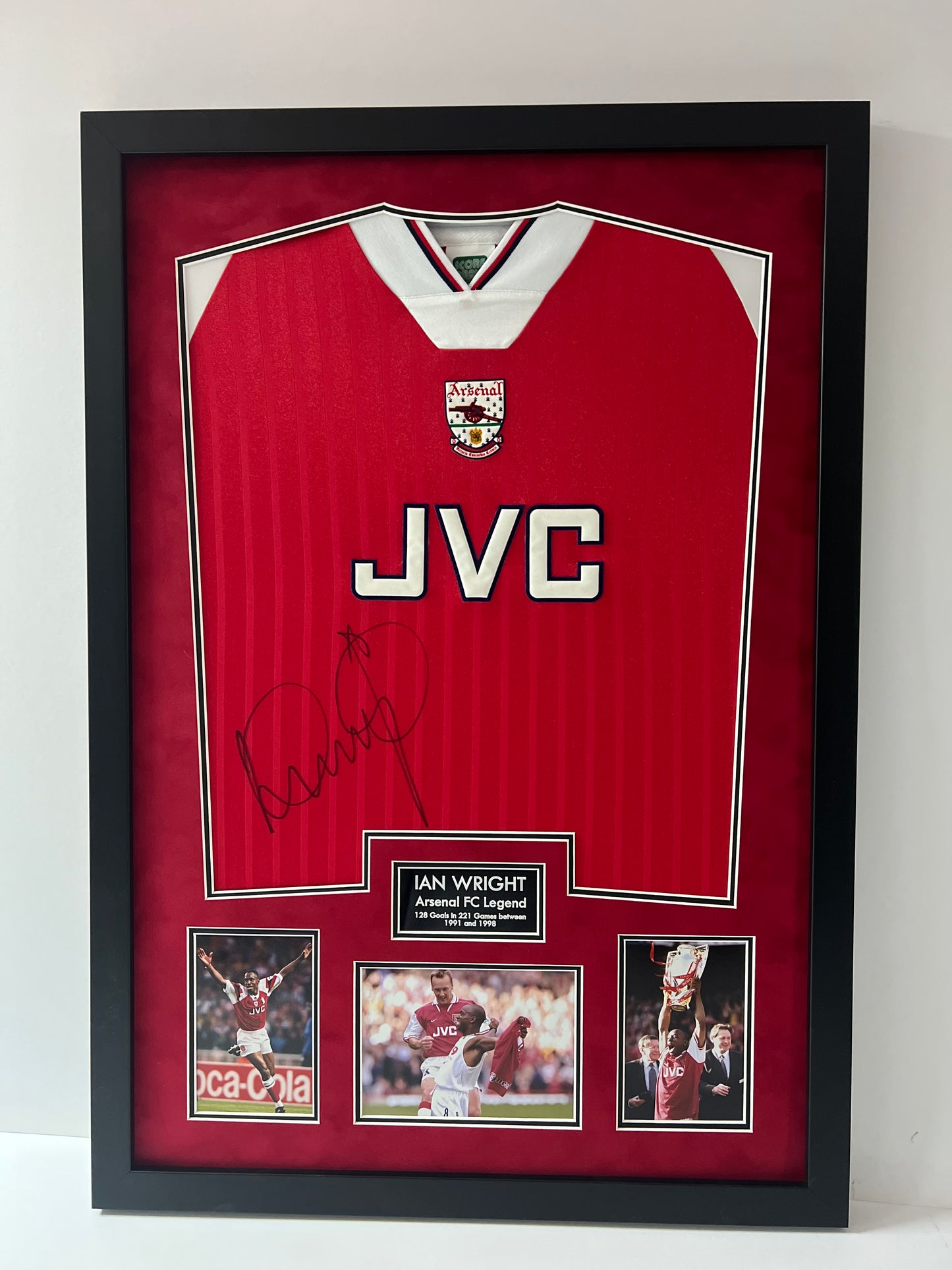 Ian Wright Arsenal Legend Signed & Framed Retro Football Shirt (Red) + Cert