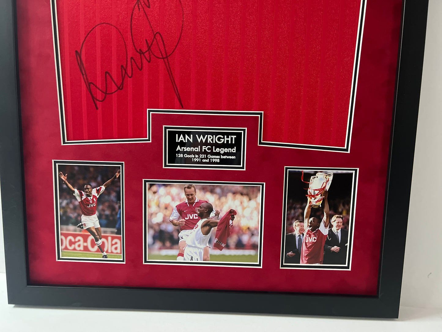 Ian Wright Arsenal Legend Signed & Framed Retro Football Shirt (Red) + Cert