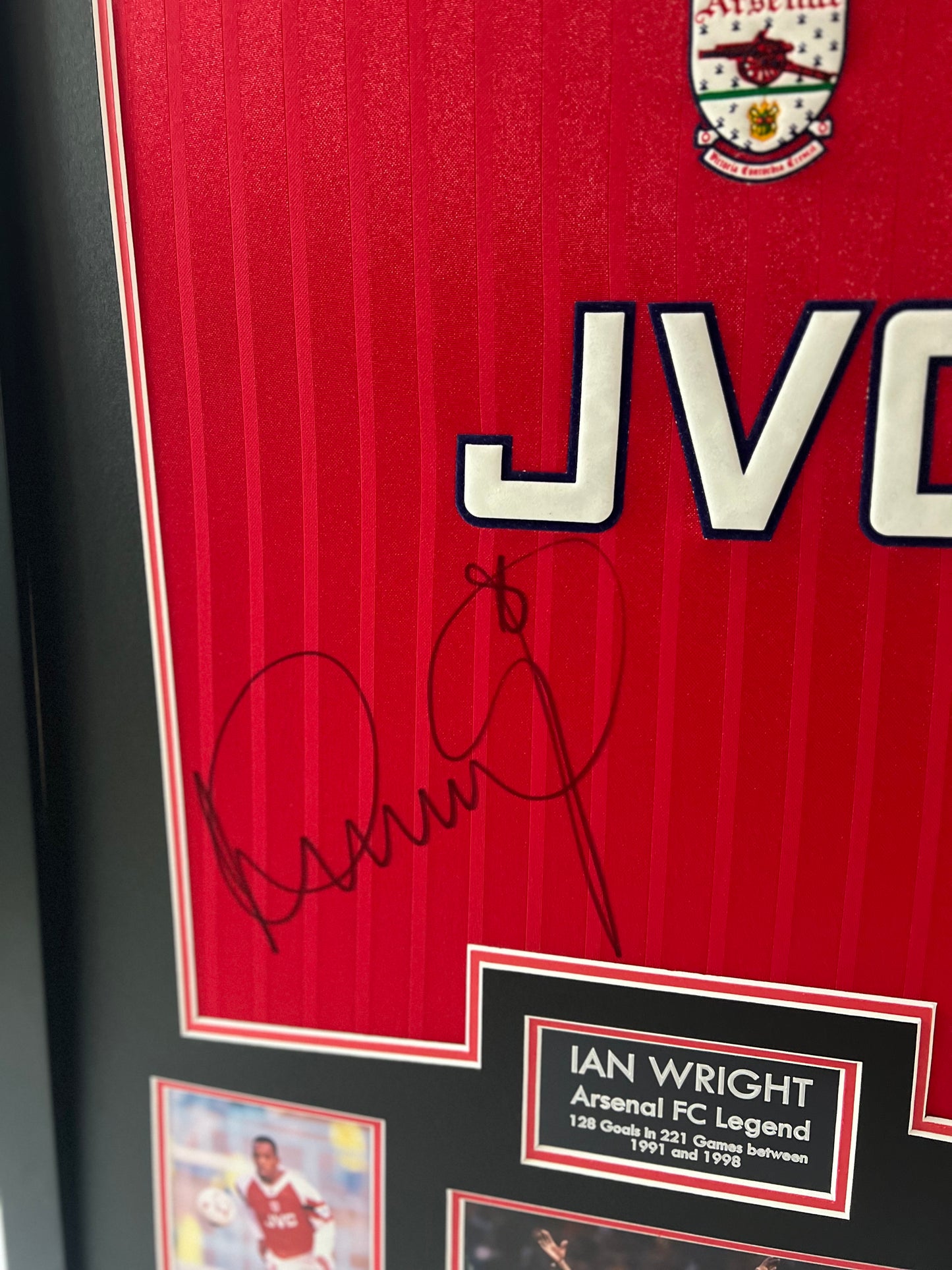 Ian Wright Arsenal Legend Signed & Framed Retro Football Shirt (Black) + Cert