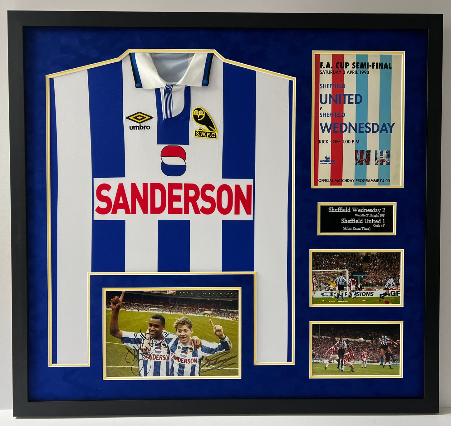 Sheffield Wednesday 1993 FA Cup Semi Final Framed Display Signed by Chris Waddle & Mark Bright + Cert