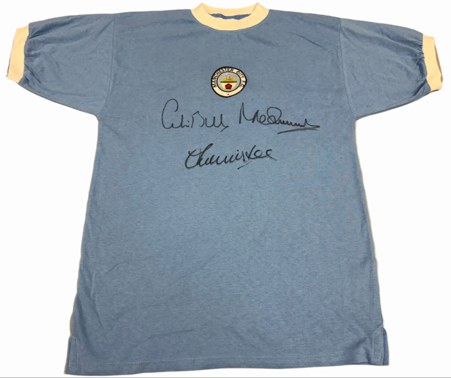 C Bell, F Lee, & M Summerbee Signed Retro 1972 Manchester City Football Shirt + COA