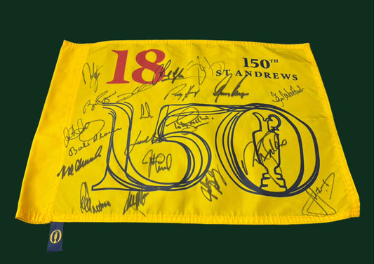 150th Open at St Andrews Golf Pin Flag Signed by 20 Champions Smith, Faldo + COA