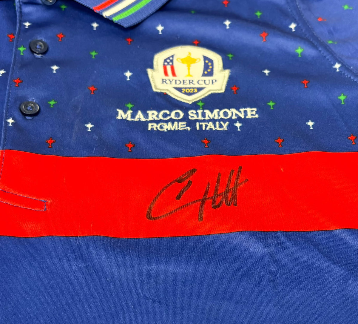 Tyrrell Hatton Signed 2023 Marco Simone Ryder Cup Blue Golf Shirt + Dealer Cert