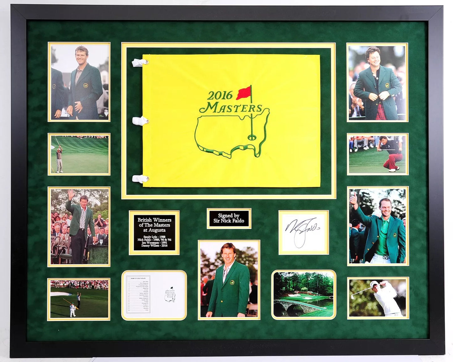 Sir Nick Faldo Signed Augusta Masters Montage inc Golf Flag Framed Display + Cert