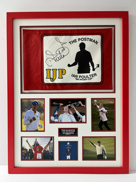 'The Postman' Ian Poulter Signed & Framed Golf Pin Flag Display + Dealer COA (Red Frame)