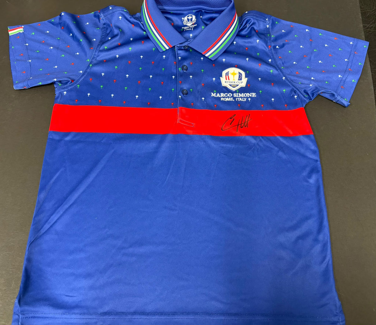 Tyrrell Hatton Signed 2023 Marco Simone Ryder Cup Blue Golf Shirt + Dealer Cert