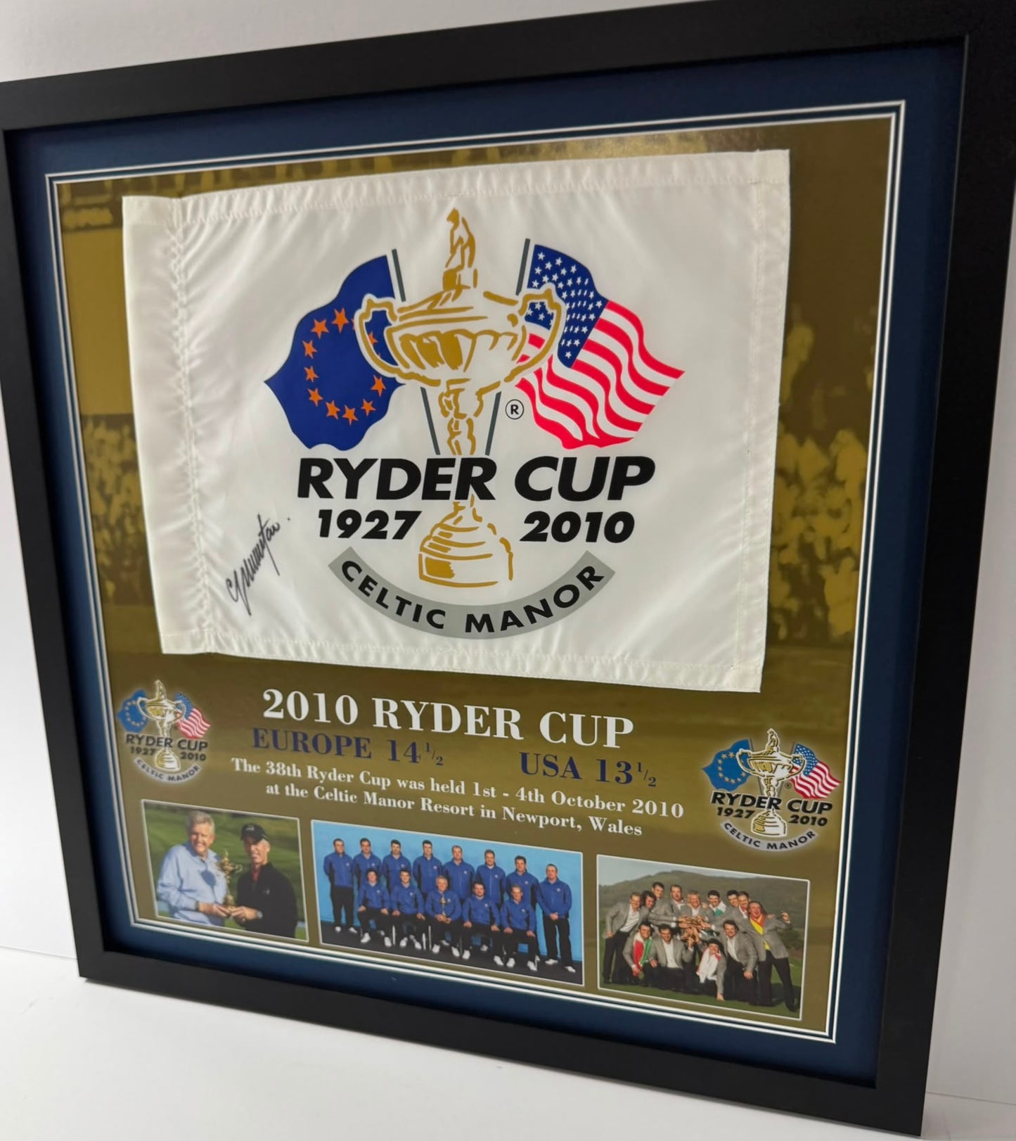 Colin Montgomerie 2010 Team Europe Ryder Cup Captain Signed Celtic Manor Golf Flag Display + COA