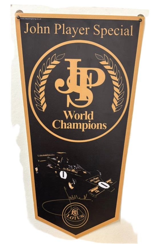 Jacky Ickx Signed John Player Special Lotus F1 Pennant + Dealer COA