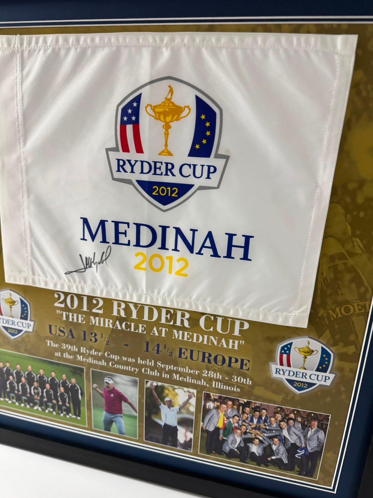 Jose Maria Olazabal 2012 Team Europe Ryder Cup Captain Signed Medinah Golf Flag Display + COA