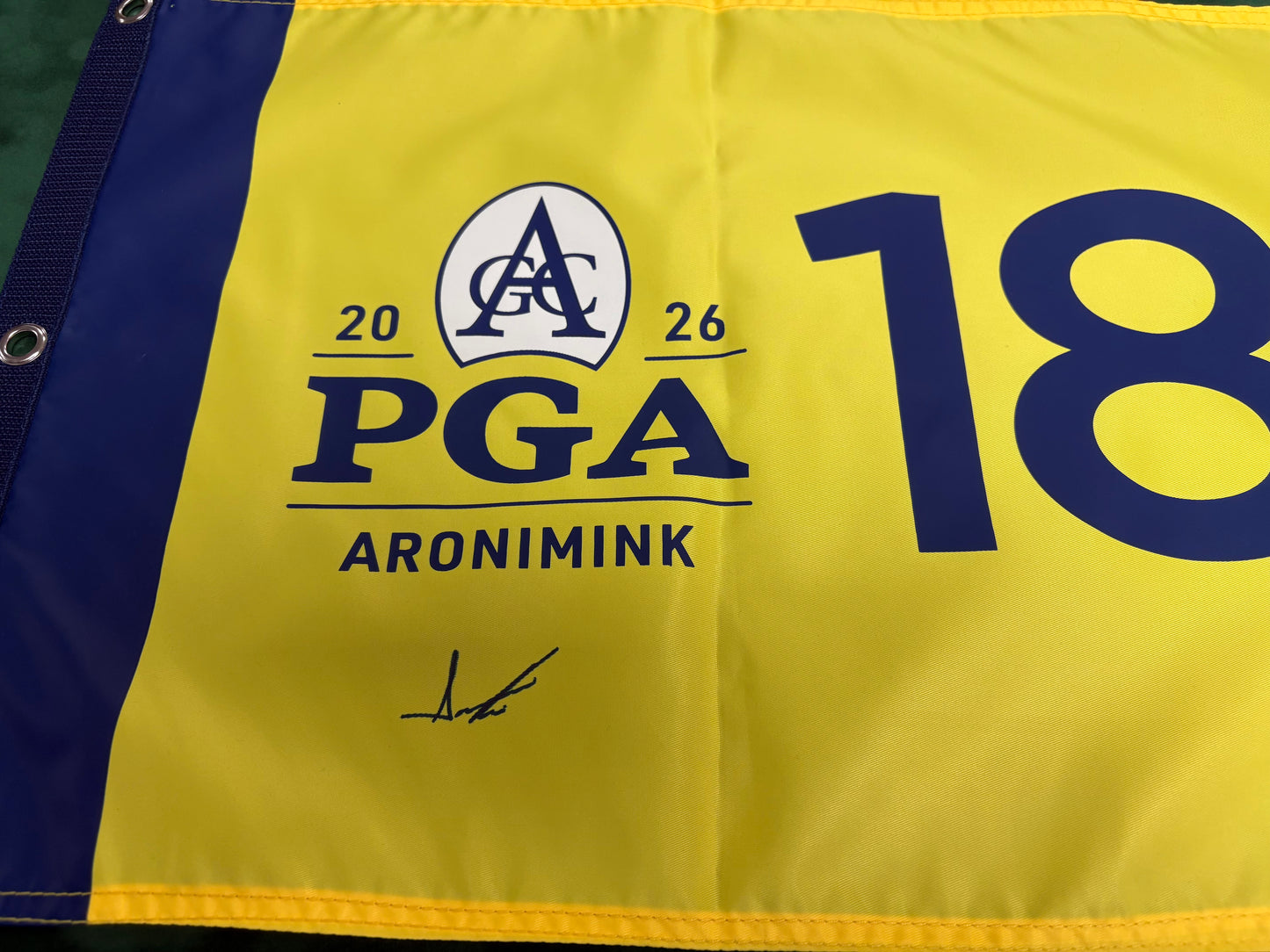 2026 PGA Championship Winner Aaron Rai Signed Yellow Aronimink Golf Flag + Dealer COA