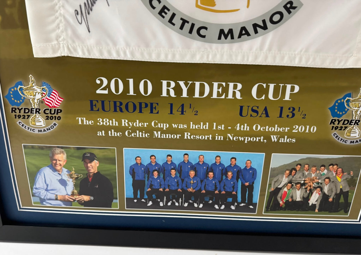 Colin Montgomerie 2010 Team Europe Ryder Cup Captain Signed Celtic Manor Golf Flag Display + COA