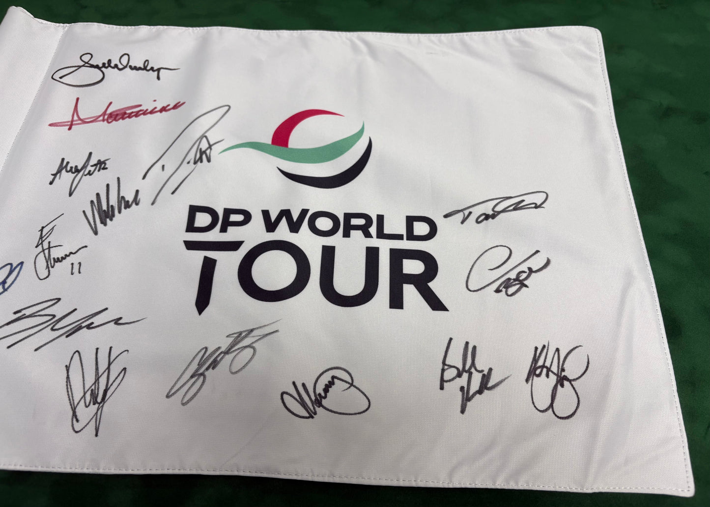 Multi Signed DP World Tour Golf Flag x15 (Fleetwood, Koepka, Fitzpatrick) + Dealer COA
