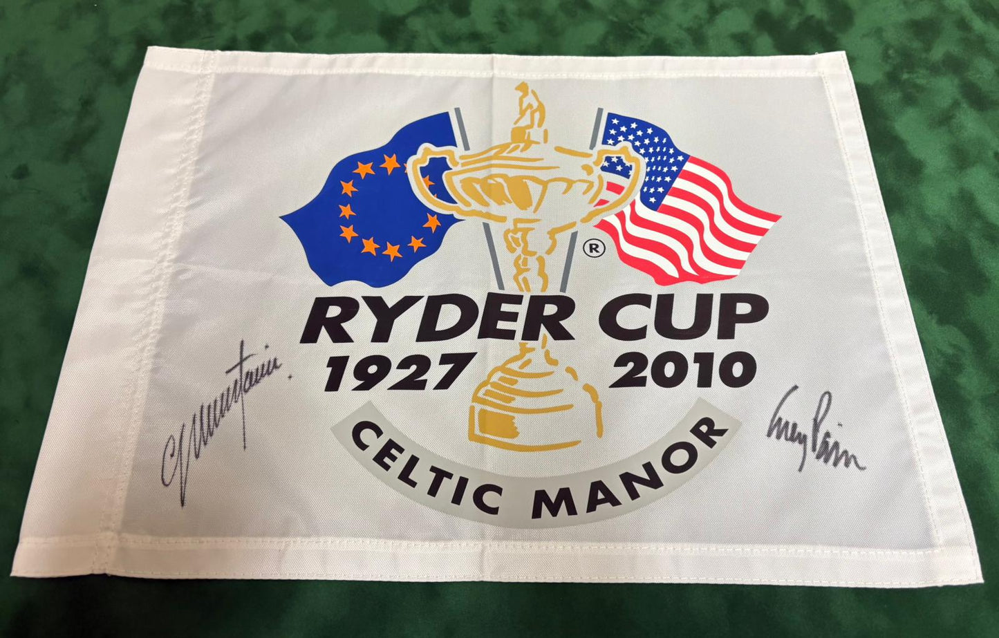 2010 Ryder Cup Captains Colin Montgomerie (Europe) & Corey Pavin (USA) Signed Golf Flag + Cert