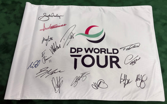 Multi Signed DP World Tour Golf Flag x15 (Fleetwood, Koepka, Fitzpatrick) + Dealer COA