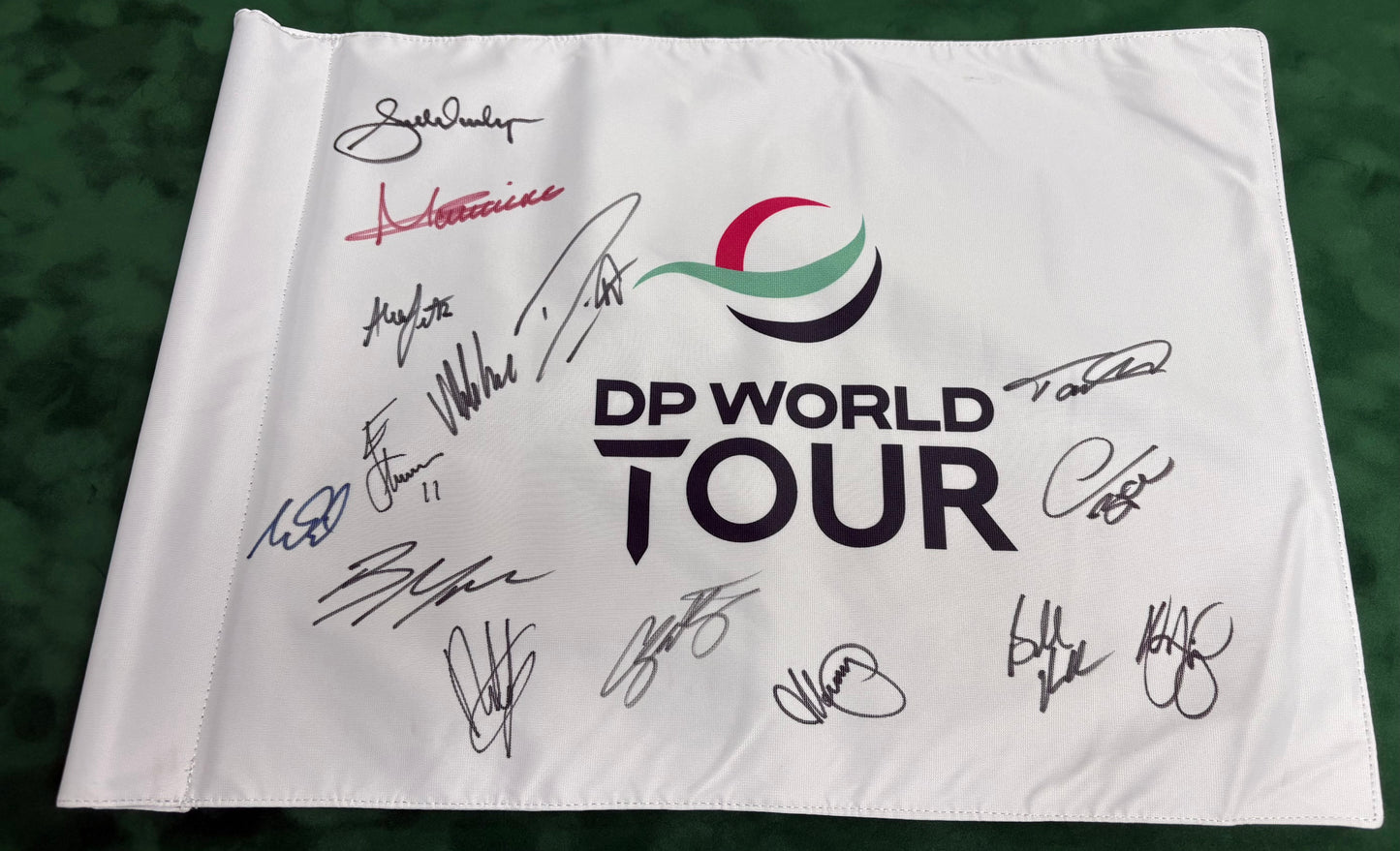 Multi Signed DP World Tour Golf Flag x15 (Fleetwood, Koepka, Fitzpatrick) + Dealer COA