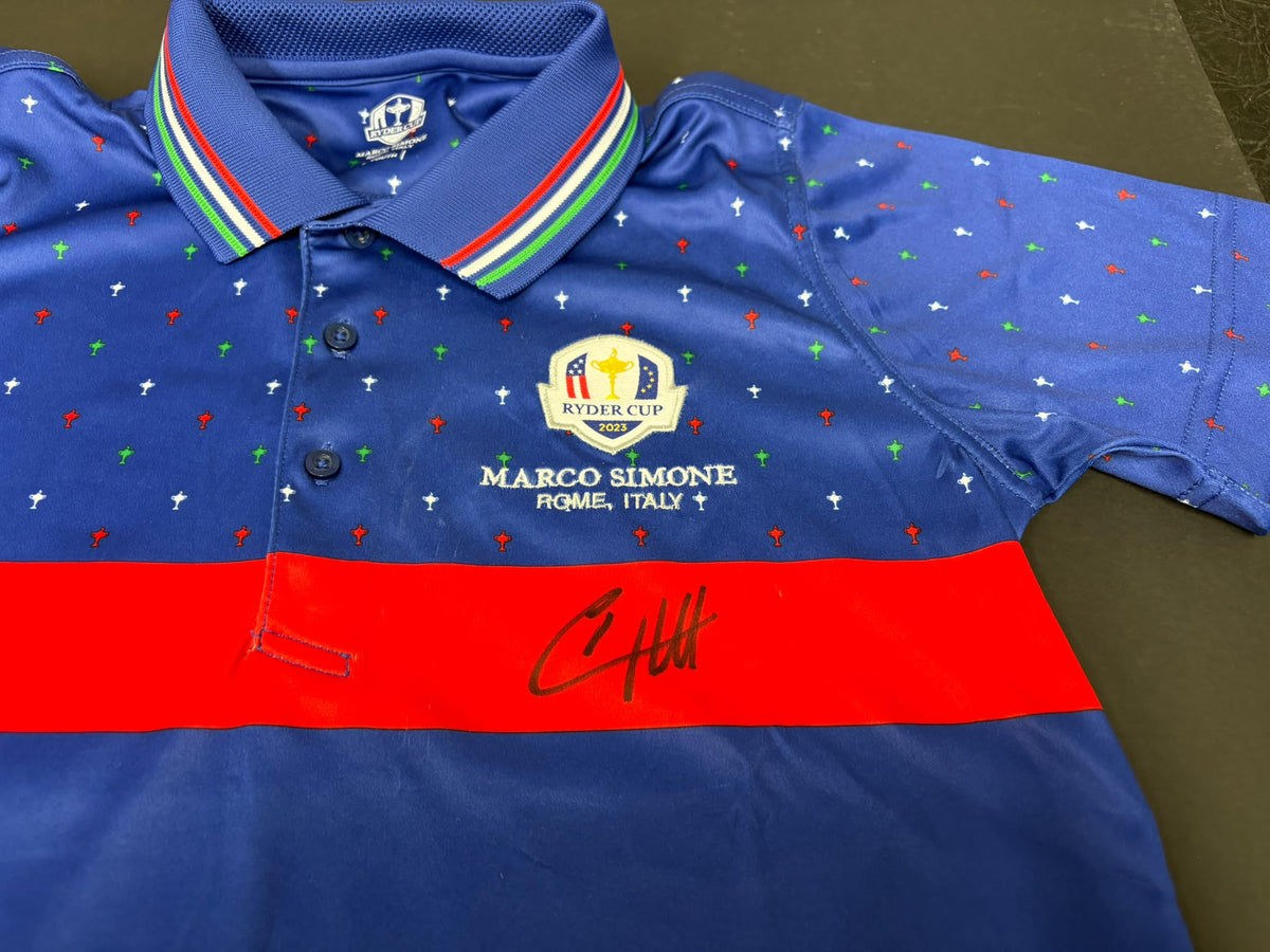 Tyrrell Hatton Signed 2023 Marco Simone Ryder Cup Blue Golf Shirt + Dealer Cert