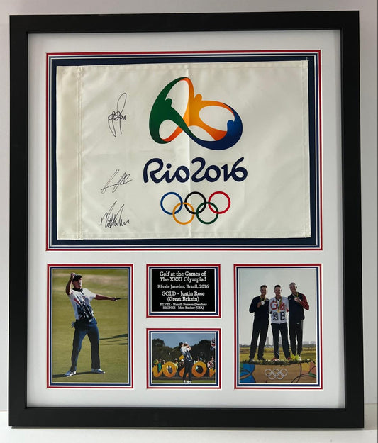 Justin Rose, Henrik Stenson, Matt Kuchar Signed 2016 Rio Olympics Golf Flag Display + COA