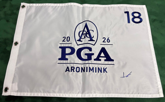 2026 PGA Championship Winner Aaron Rai Signed White Aronimink Golf Flag + Dealer COA