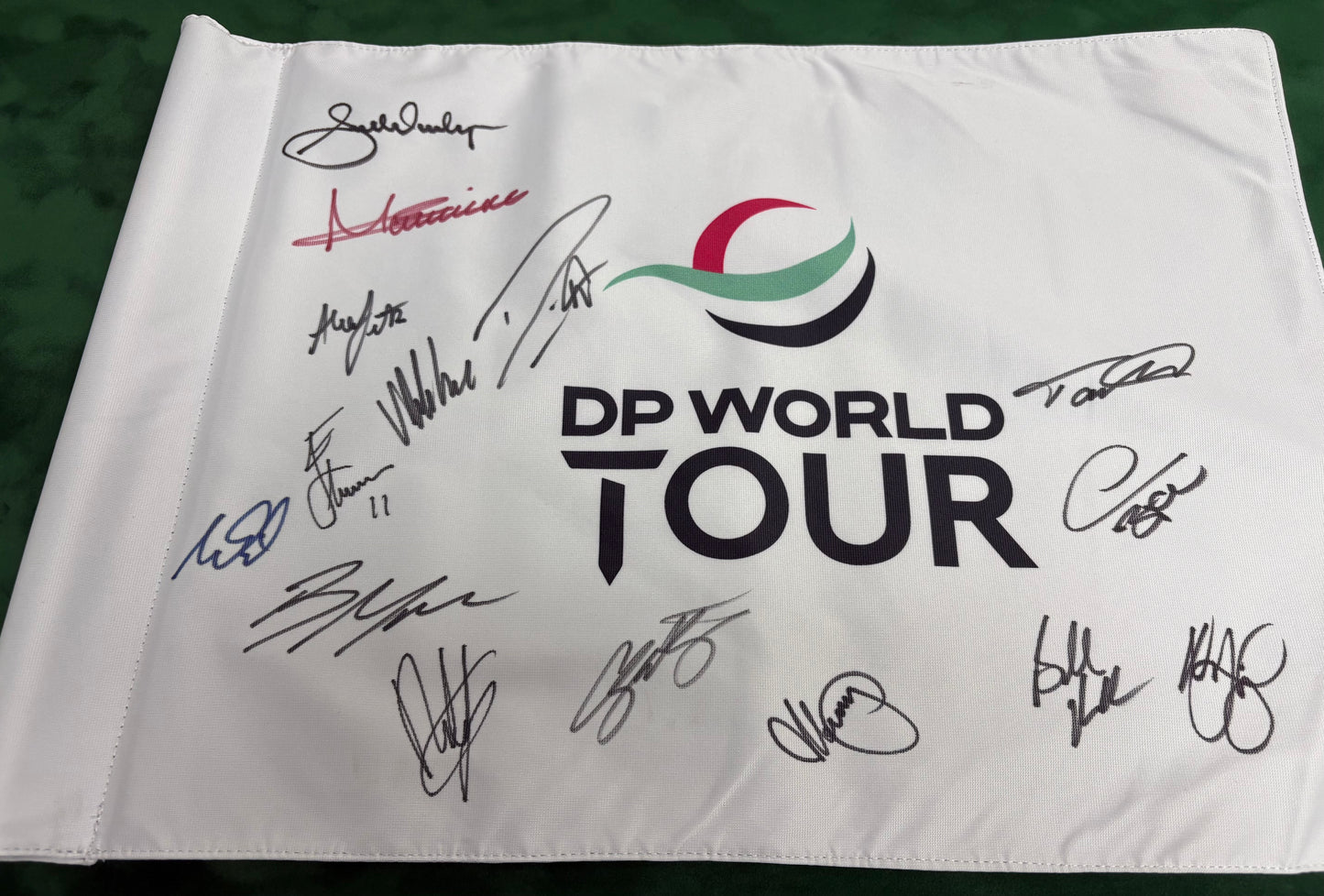 Multi Signed DP World Tour Golf Flag x15 (Fleetwood, Koepka, Fitzpatrick) + Dealer COA