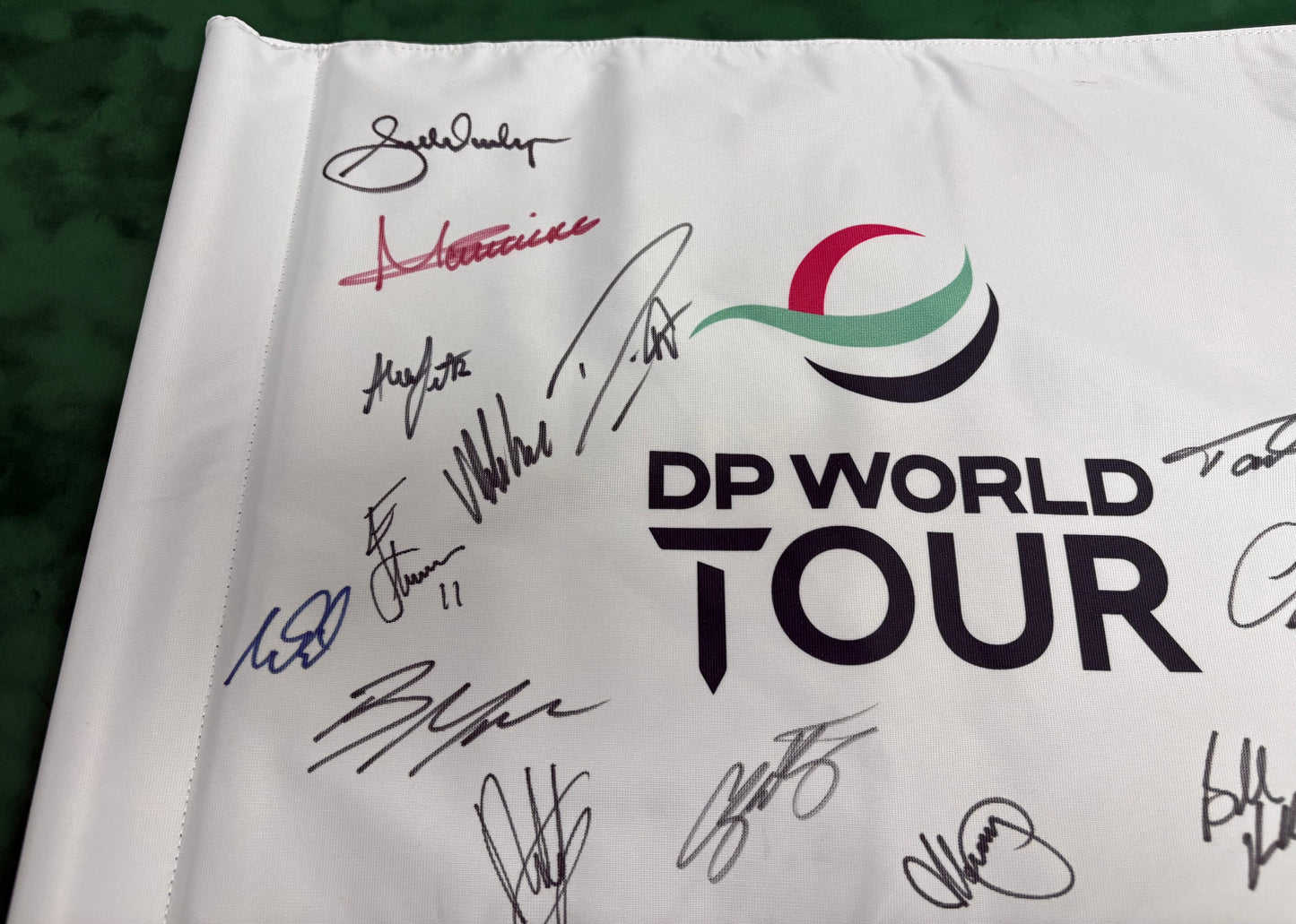 Multi Signed DP World Tour Golf Flag x15 (Fleetwood, Koepka, Fitzpatrick) + Dealer COA
