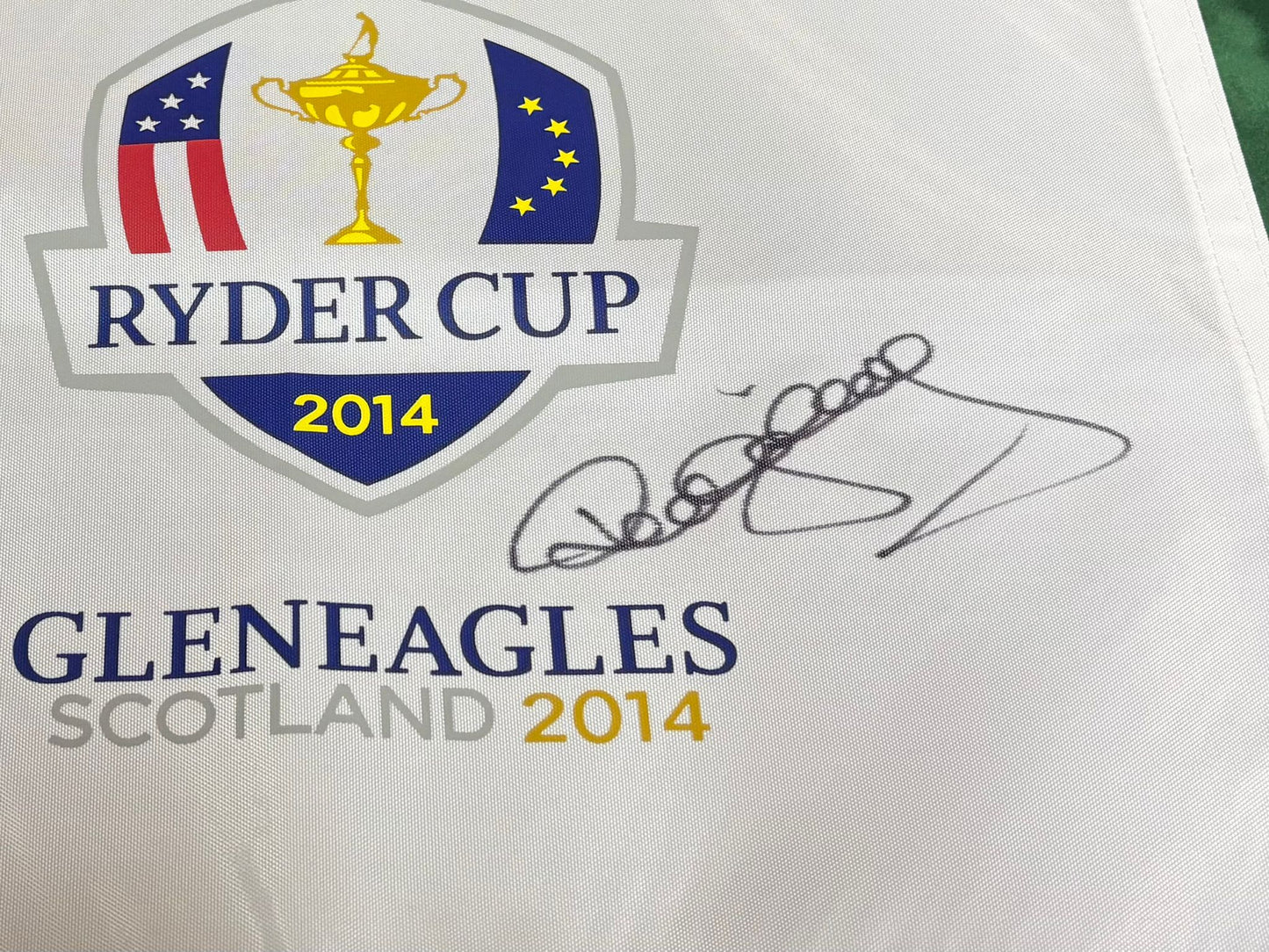 Paul McGinley Signed 2014 Ryder Cup at Gleneagles White Golf Flag + Dealer COA