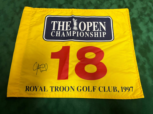 Justin Leonard Winner Signed 1997 Open at Royal Troon Golf Pin Flag + Dealer COA