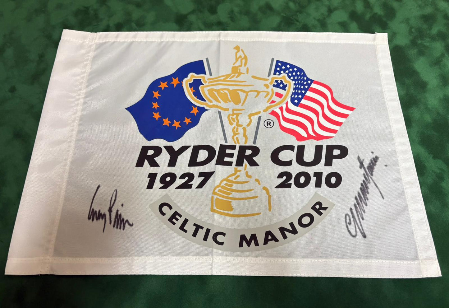 2010 Ryder Cup Captains Colin Montgomerie (Europe) & Corey Pavin (USA) Signed Golf Flag + Cert