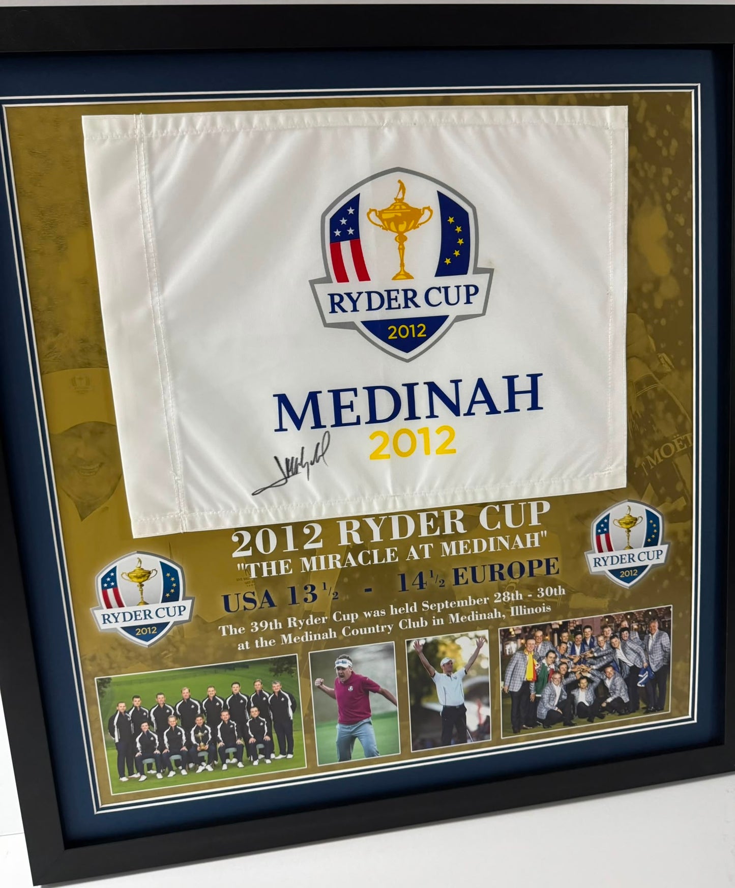 Jose Maria Olazabal 2012 Team Europe Ryder Cup Captain Signed Medinah Golf Flag Display + COA