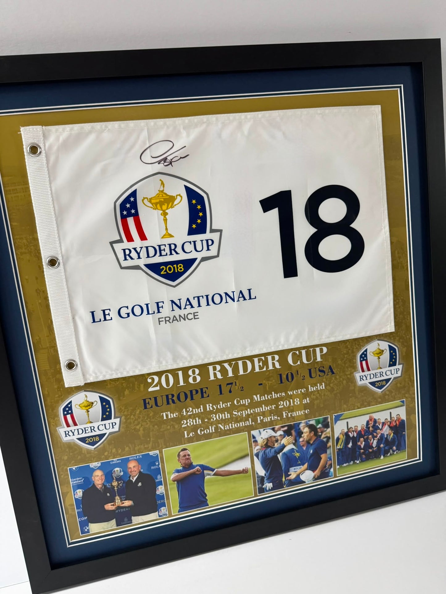 Thomas Bjorn 2018 Team Europe Ryder Cup Captain Signed Le Golf National Golf Flag Display + COA
